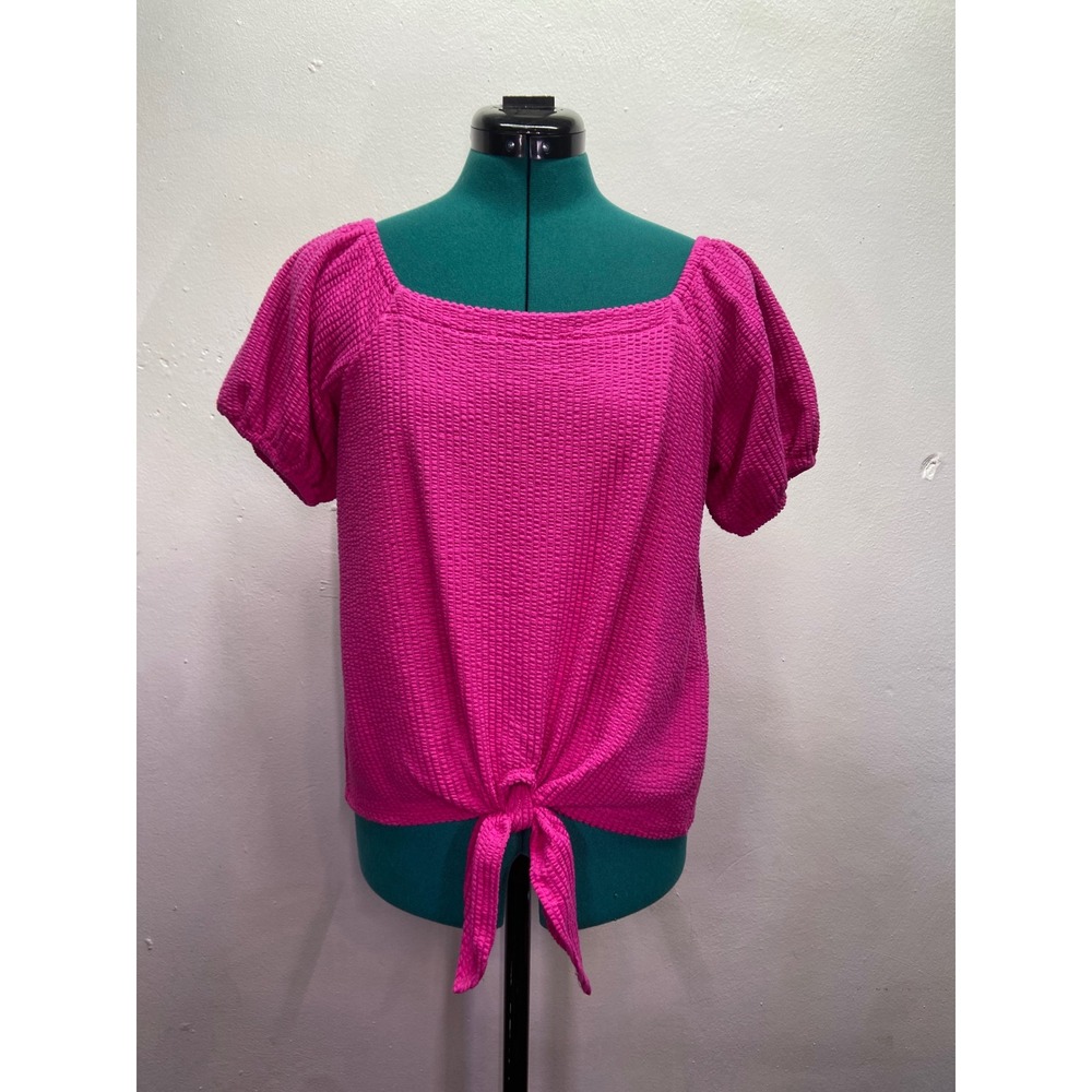Loft Magenta Pink Textured Tie Hem Puff Sleeve Square Neck Top XS Office Barbie